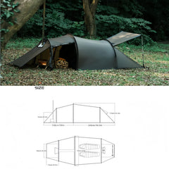 Dandelion shell hot tent with wood stove inside enables cozy warmth and cooking