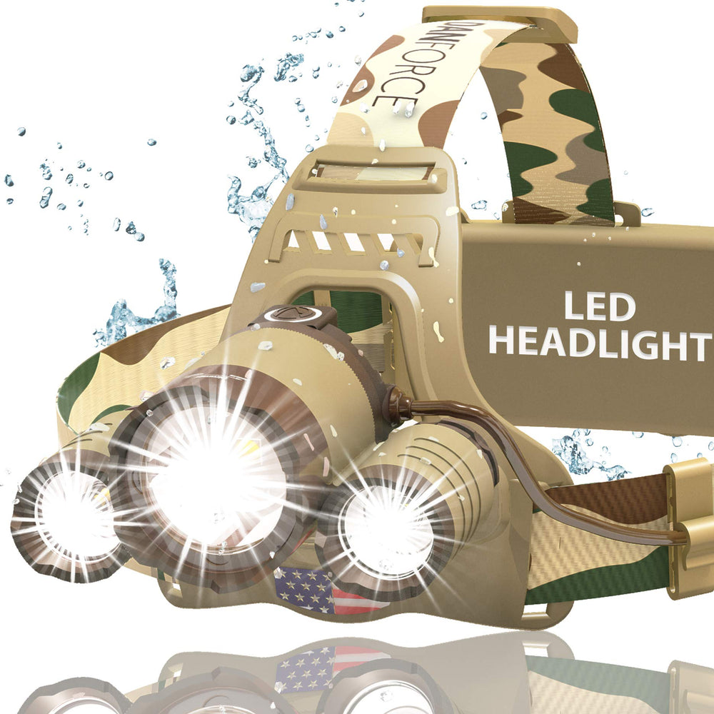 DanForce camouflaged headlamp front view shows rugged outdoor design for field use.
