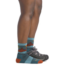 Darn Tough Vermont Celeste Micro Crew Midweight Teal lay-flat view emphasizes sturdy ribbing.