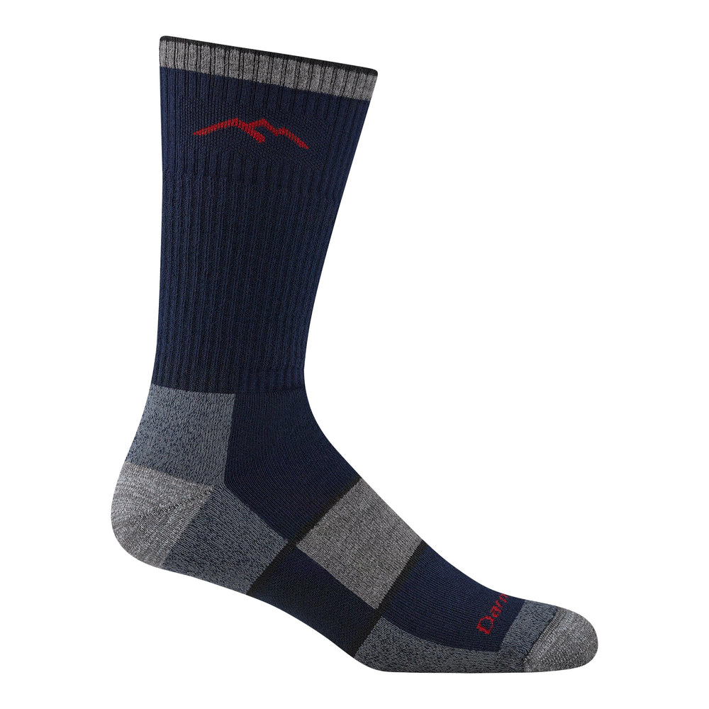 Darn Tough Vermont men's Coolmax boot socks full cushion navy midcal in-use warmth and cushioned support.