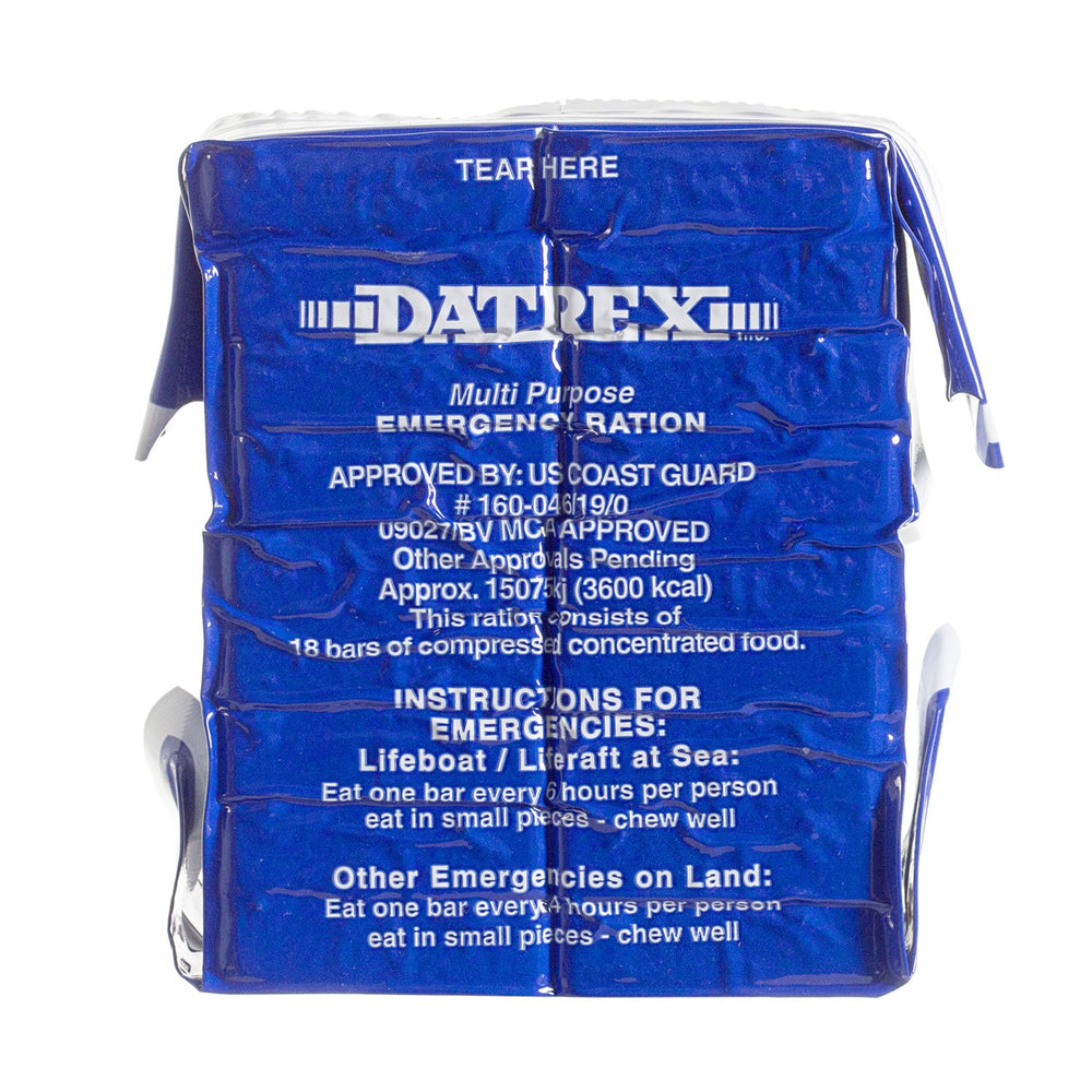 Datrex 3600-calorie food bar packaging highlights shelf stability and on-the-go nutrition.