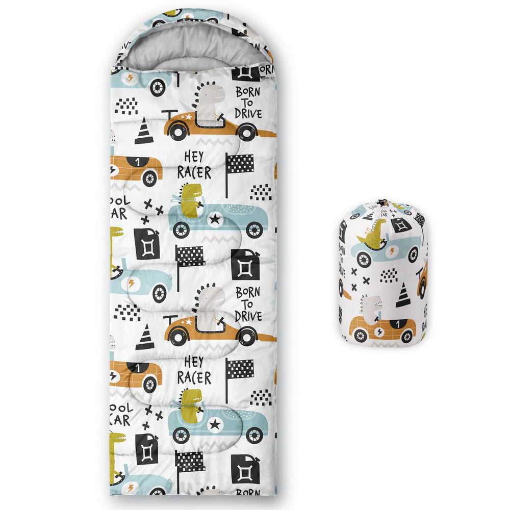 Datura Home kids sleeping bag with dinosaur race print, front view for vibrant camping design.