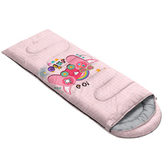 Datura Home kids sleeping bag pink gamepad print side view with compact carry