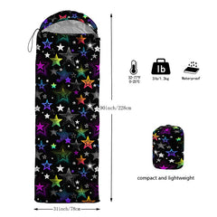 Datura Home kids sleeping bag star black outdoor-use shot emphasizes lightweight design for hikes.