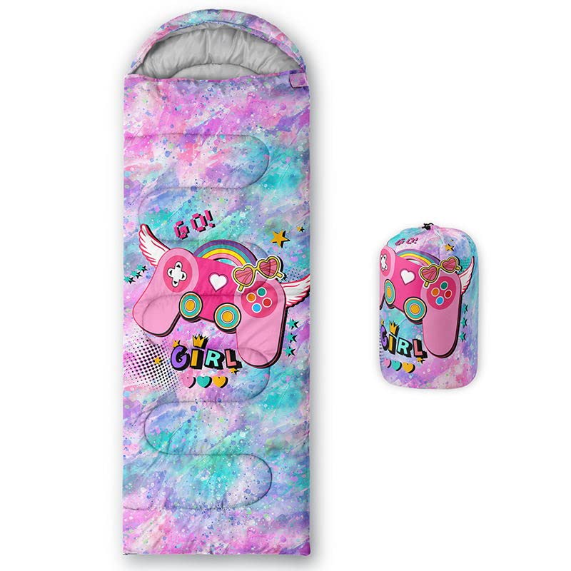 Datura home Kids Sleeping Bag with watercolor splash and game console motif for cozy outdoor adventures.
