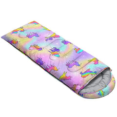 Datura Home Rainbow Unicorn sleeping bag hood detail shows adjustable warmth and fit.