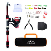 Collapsed Dawncaster Lite telescopic fishing rod kit in a backpack
