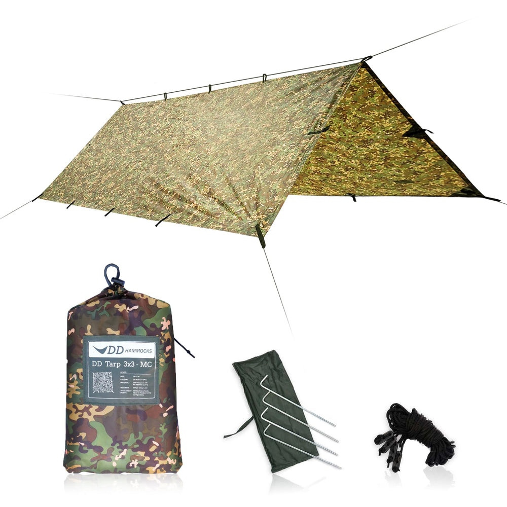 DD Hammocks DD Tarp 3x3 MC setup demonstrates a stormproof shelter in woodland terrain.
