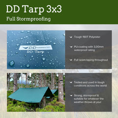 DD Hammocks DD Tarp 3x3 olive green versatile with 19 reinforced attachment points enables varied setups
