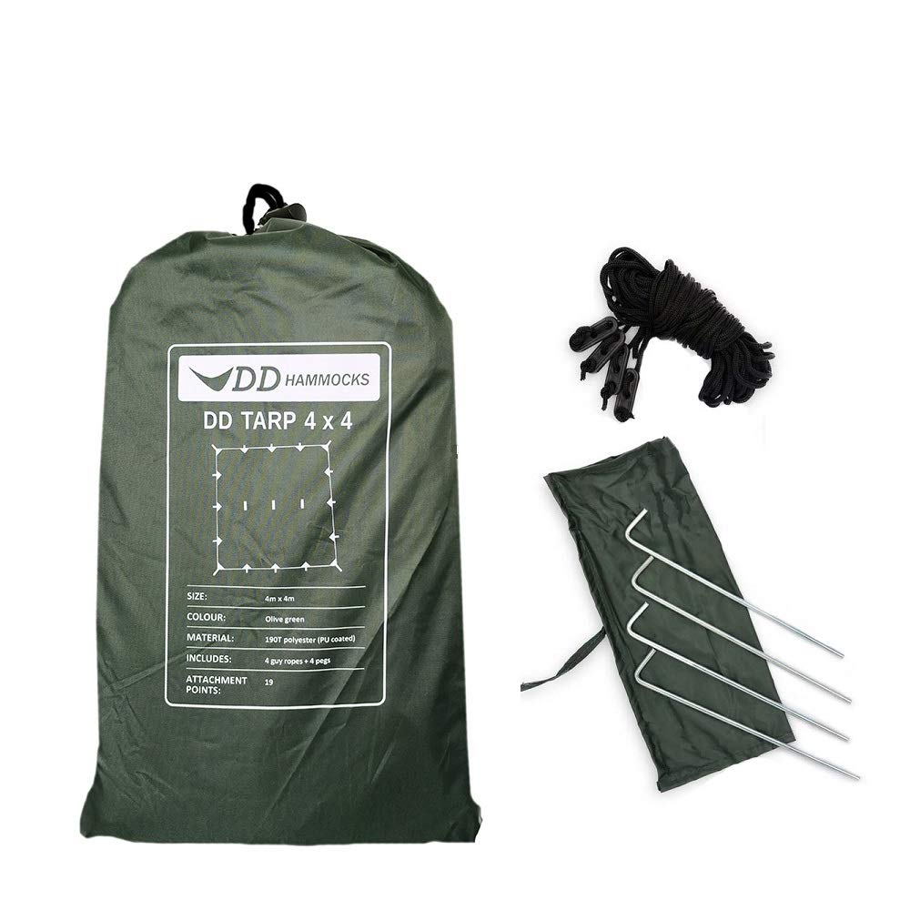 DD Hammocks DD Tarp 4x4 olive stormproof fabric shields you from rain while camping.