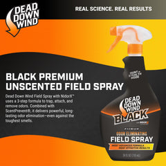 Close-up of DEAD DOWN WIND Black NidorX technology label and spray