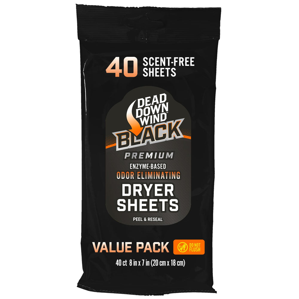 Dead Down Wind BLACK premium unscented dryer sheets, 40-count, reduces static and neutralizes odor for outdoor gear.