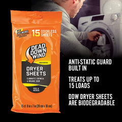 Dead Down Wind dryer sheets with built-in anti-static guard for clothes and gear.