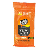 Dead Down Wind Scent Killing Dryer Sheets in a 30-count package for odor elimination.