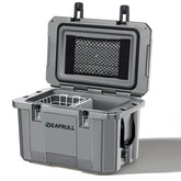 DEAPRULL 60qt cooler front view with rugged build and rope handles for easy transport.