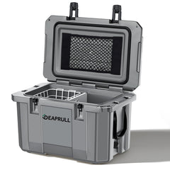DEAPRULL 60qt cooler front view with rugged build and rope handles for easy transport.