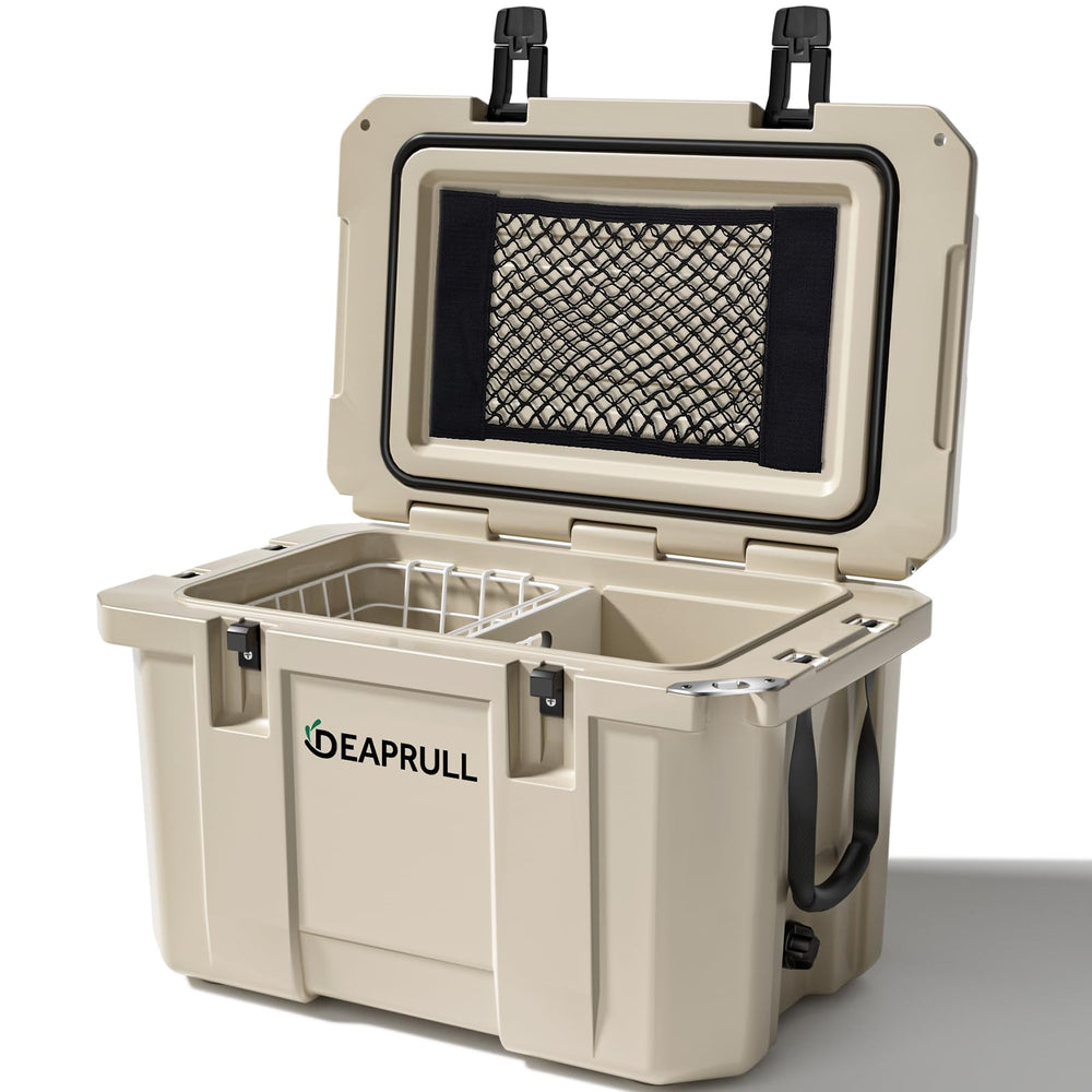 DEAPRULL 60qt hard cooler side view showing ample storage for camping meals