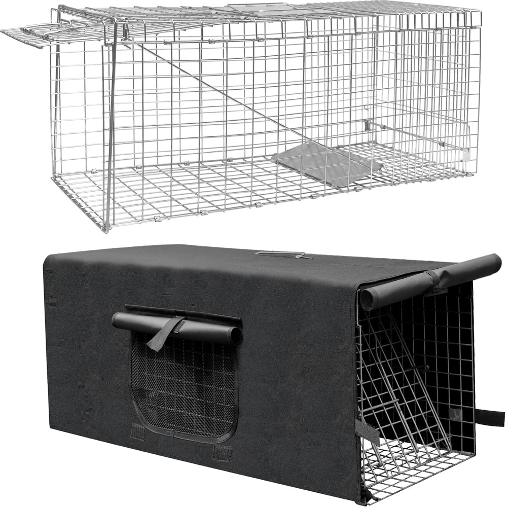 Deblue live trap cage with cover in yard providing calm shelter