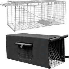 Deblue live trap cage with cover in yard providing calm shelter