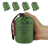 Delmera emergency sleeping bag packed in nylon pouch for easy carry and quick access