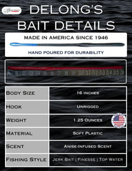 Delong Lures anise-scent infused lure label highlights attractant during long fishing sessions.