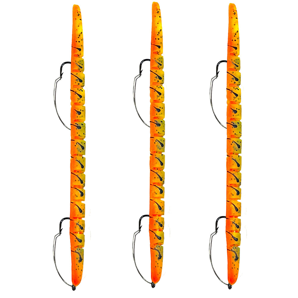 Delong Lures Bass Witch weedless worm in firetiger for weedless bass fishing.