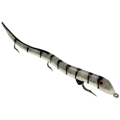 Delong Lures Kilr Eel 13-inch swimbait in action drawing muskies with lifelike movement