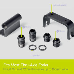 Delta Bike Thru-Axle Fork Mount secures fat-tire bicycles with adjustable width.