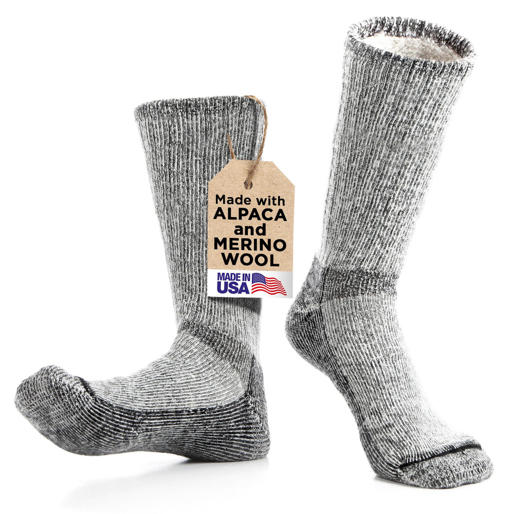 Desert Breeze Alpaca-Merino boot socks show extended boot-height coverage for cold-weather warmth.