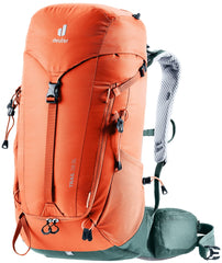 Deuter Trail 28 SL strap detail with carabiner clips on shoulders