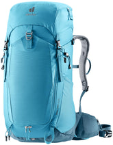 Deuter Trail Pro 34 SL women's backpack front view shows ergonomic fit for long hikes.