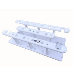 Dev Fishing fph16 straight pole rod rack with organized pole storage on a boat or dock.