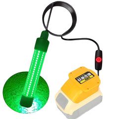 Green underwater fishing light connected to a DeWALT 20V battery