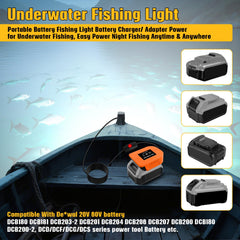 Underwater fishing light showing Dewalt battery compatibility