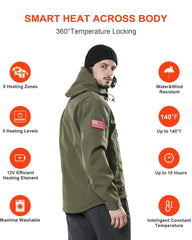 DEWBU heated jacket black camo front view with five heating zones and adjustable heat