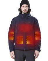 DEWBU heated jacket front view with 12V battery delivers rapid warmth for outdoor use.