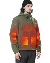 DEWBU heated jacket olive green front view showing core warming zones for outdoor warmth