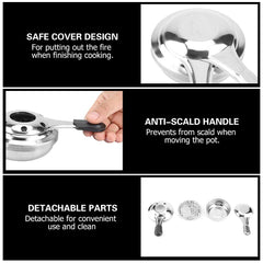DEWIN Mini Stove safety cover illustration demonstrates quick flame extinguishment.