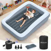 DICOLIN inflatable toddler bed with four-sided bumper offers secure sleep during travel.