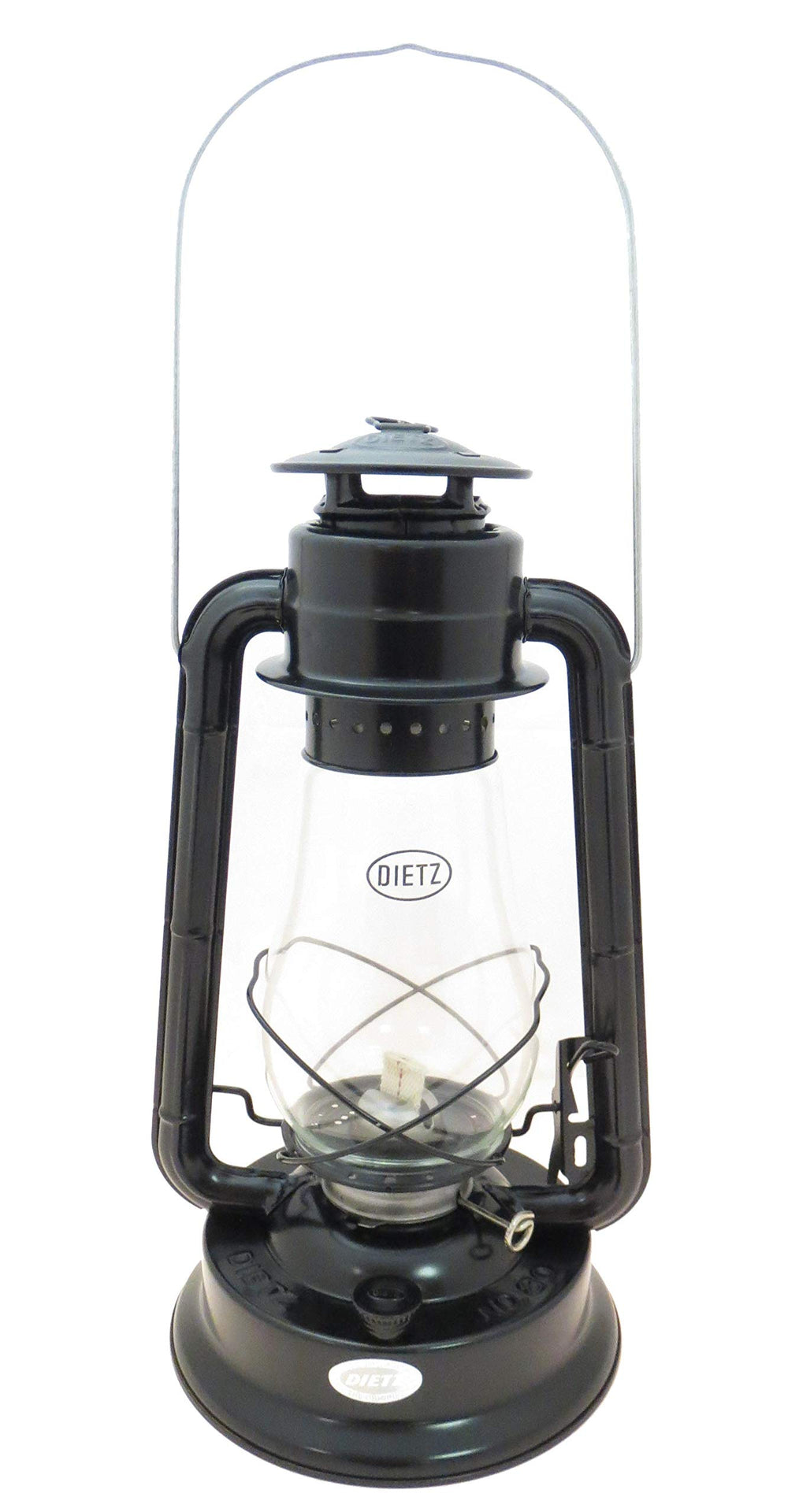 Dietz Blizzard hurricane lantern in black body provides rugged outdoor lighting for camping