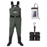DikaSun fishing waders bootfoot closeup shows puncture-resistant boots for rugged riverbeds.