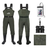 DikaSun waders green front view showing waterproof 2-ply construction for dry outdoor fishing.