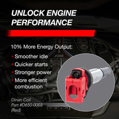 Dinan D650-0003 red ignition coil installation shot illustrating plug-and-play replacement.