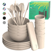 DINETHICS Wheat Straw Dinnerware plates stacked showing space-saving design