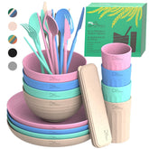 DINETHICS WheatStraw dinnerware set, four plates stacked for space-saving dorm and RV use