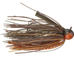 Close-up of Dirty Jigs TLFFGRP-38 football jig in Green Pumpkin