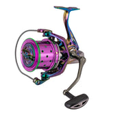 Diwa spinning reel 8000 side profile shows rugged build for heavy saltwater casts.