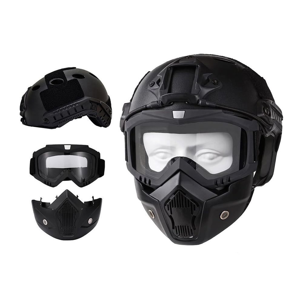 DLXARSOT airsoft helmet and goggles providing full-face protection for intense gameplay.