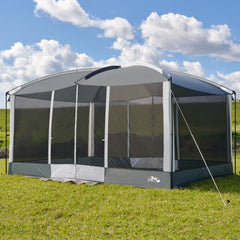 DMH OUTDOORS screen house front view showing 13x9 footprint for shade and gatherings.