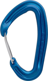 DMM Alpha Wire carabiner blue closeup showing ergonomic shape for secure clipping.